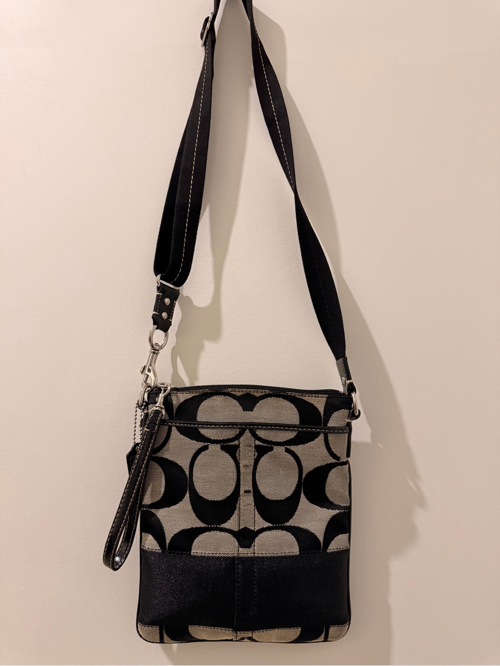 Coach Black and Tan Signature Crossbody Wristlet
